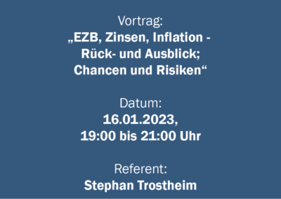 Vortrag zu „EZB, Zinsen, Inflation -Rück- und Ausblick;Chancen und Risiken für verschiedene Anlageklassen“